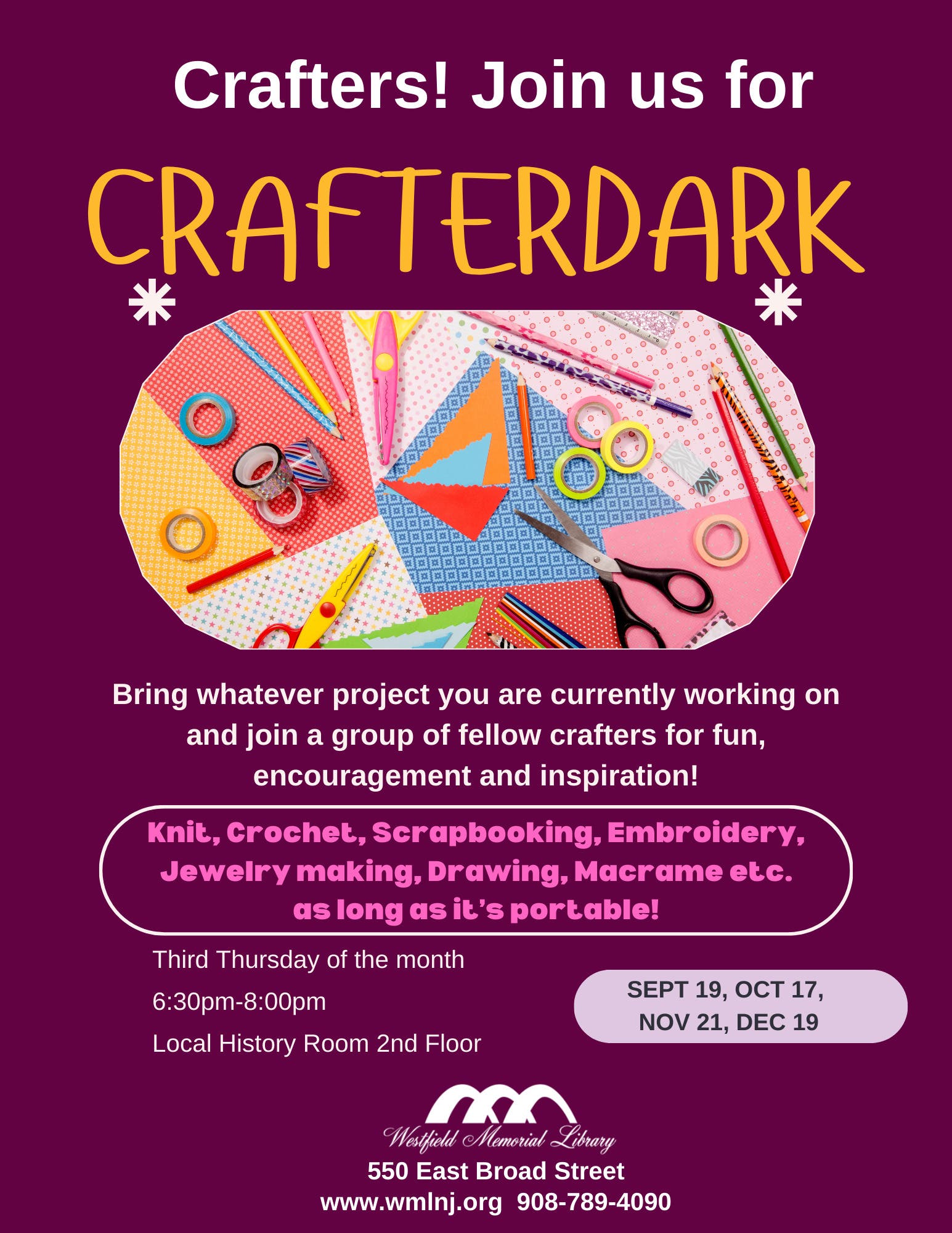 Crafterdark Craft Sessions to be held at Westfield Memorial Library every third Thursday