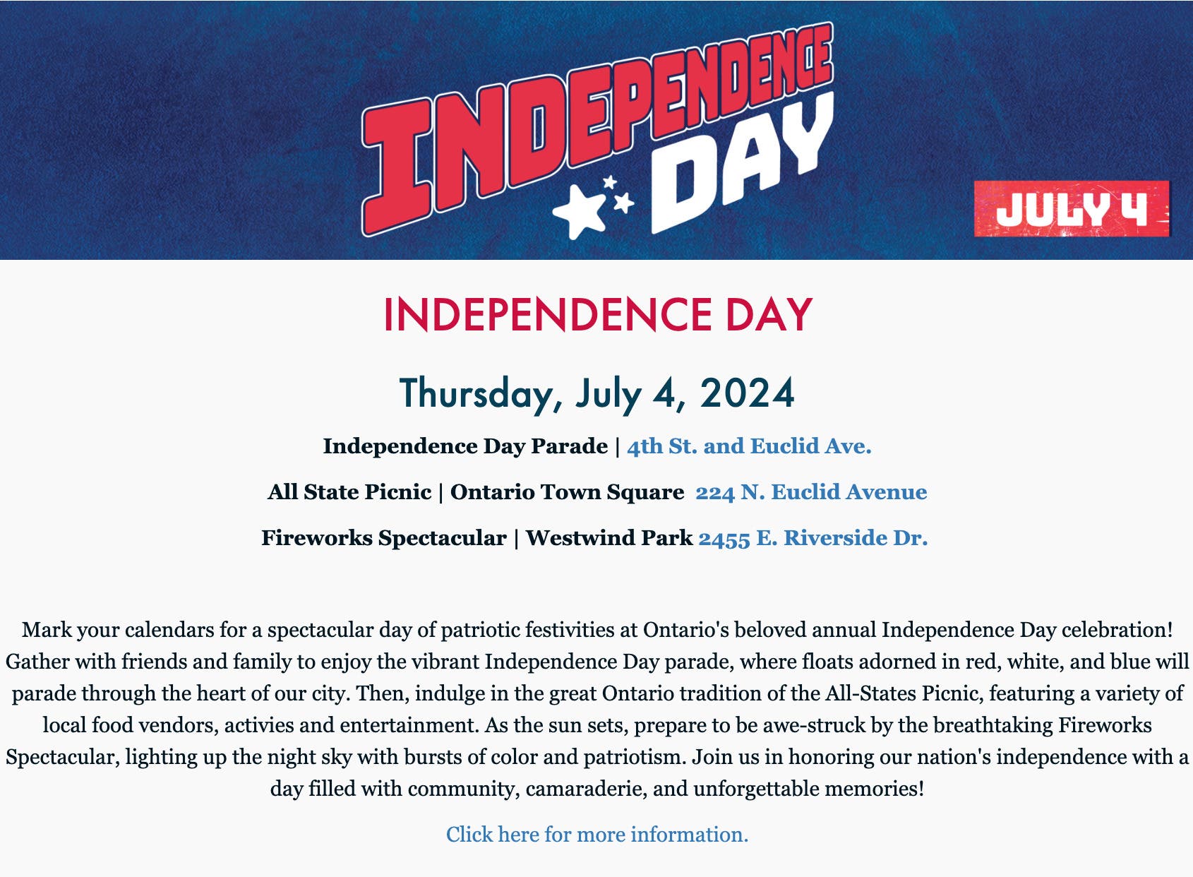 July 4th Parade, Picnic, Pooch Contest & Fireworks 2024: Ontario