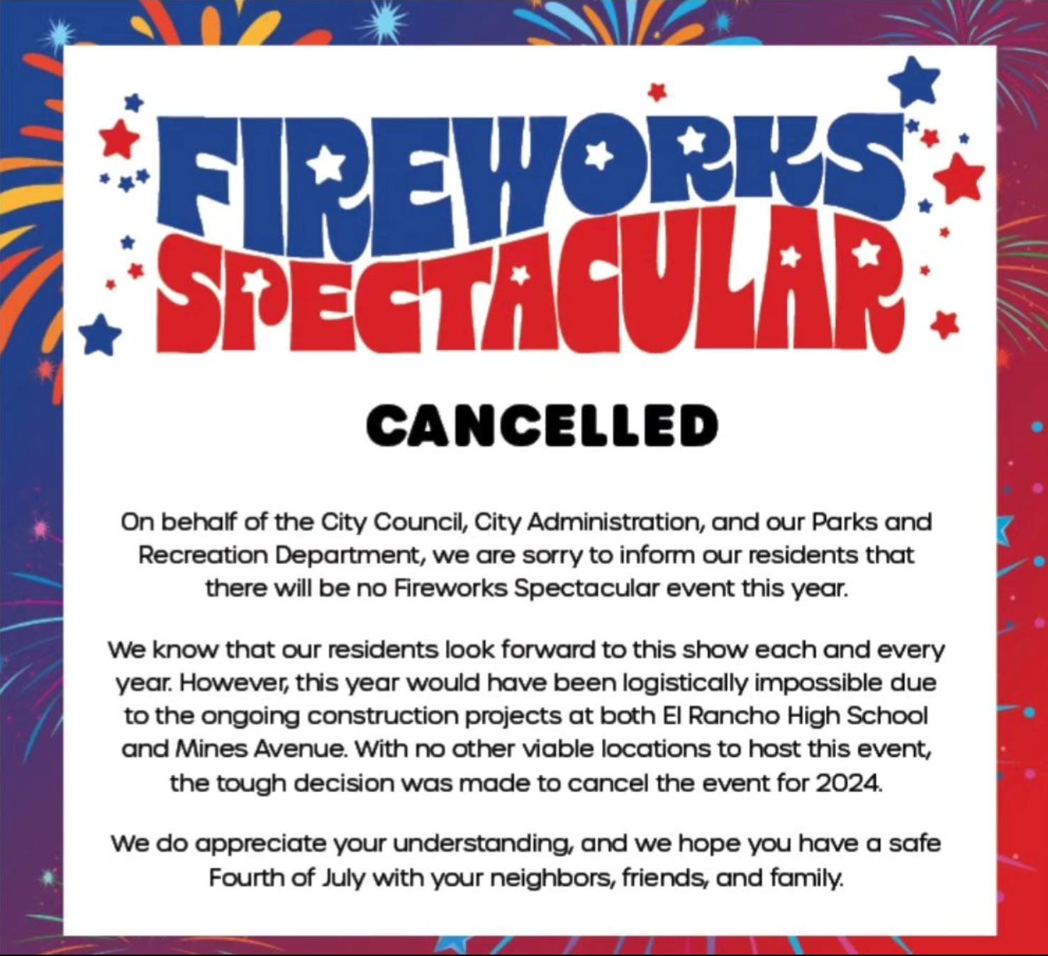 Cancelled**July 1st Fireworks Spectacular 2024: Pico Rivera**CANCELLED 