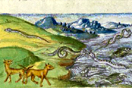 
[image ALT: A naïve drawing of a landscape, left to right: land and sea. On land, distant mountains but in the grassy foreground two dogs mating rear to rear; in the sea, a pair of sea monsters talking to each other, two eels twined around each other much like the snakes of a caduceus, a pair of fish; a lone eel advances from the sea to meet a snake at the shore. The scene illustrates a passage of Oppian's Cynegetica on the mating of various animals, and serves as my icon for that author.]
			