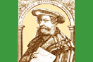 
[image ALT: A woodcut of the head and shoulders of a man in late middle age. He is bearded and moustached and wears a slashed silk blouse and an elaborate flat hat, and holds a paper in his hand. It is an imaginative Renaissance 'portrait' of the Greek astronomer and mathematician Ptolemy.]
			