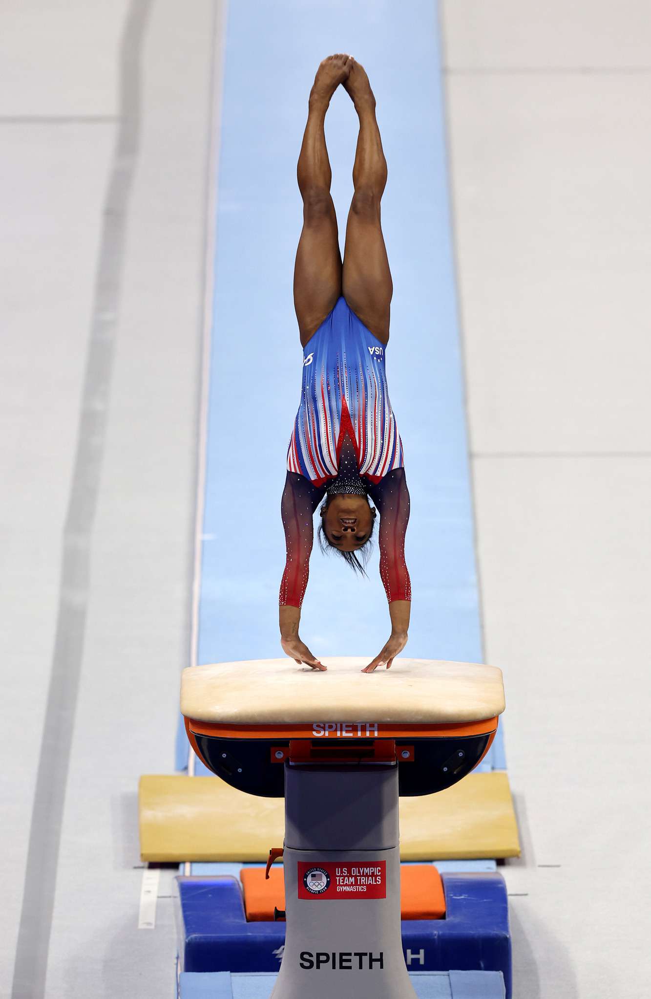 imone Biles competes on the vault on Day Four of the 2024 U.S. Olympic Team Gymnastics Trials at Target Center on June 30, 2024 