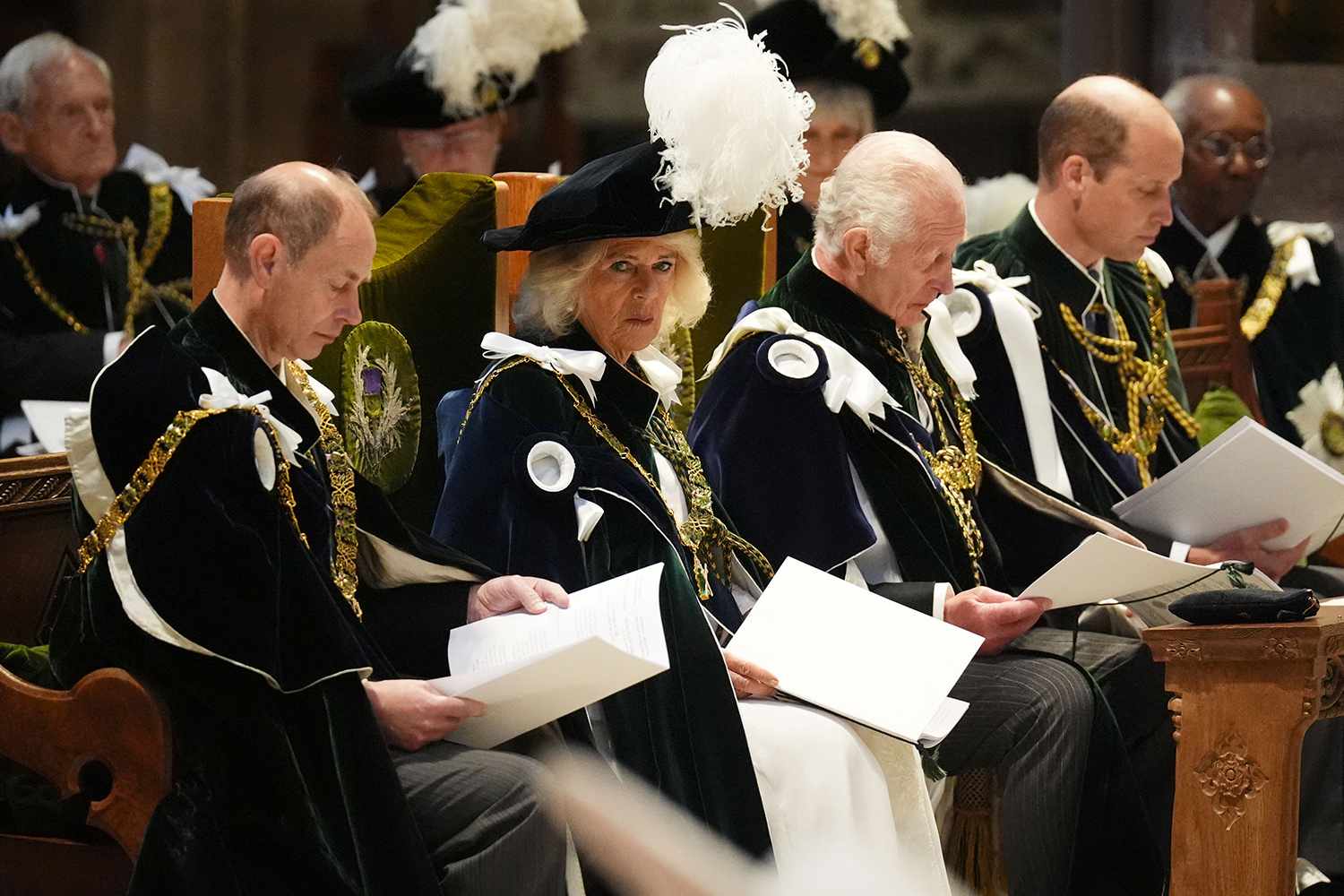 rince Edward, Duke of Edinburgh, Britain's Queen Camilla, Britain's King Charles III and Britain's Prince William, Prince of Wales attend the Thistle Service at St Giles' Cathedral