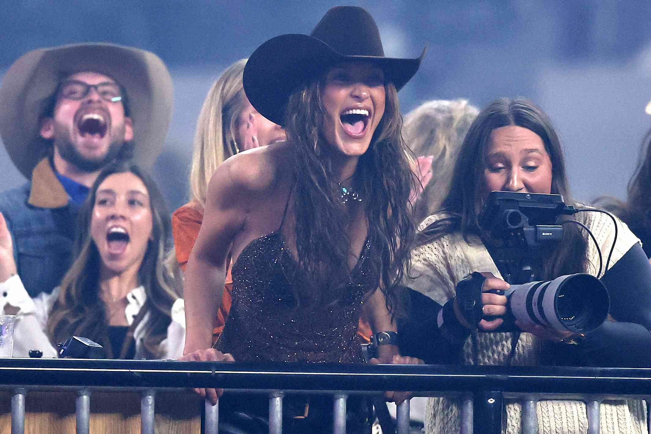 Bella Hadid reacts during The American Performance Horseman by Teton Ridge at Globe Life Field on March 08, 2024 in Arlington, Texas.