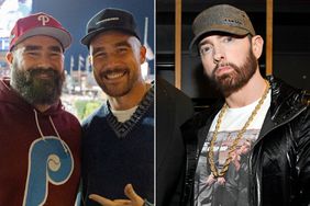  Jason and Travis Kelce; Eminem pose backstage during the 36th Annual Rock & Roll Hall Of Fame Induction Ceremony