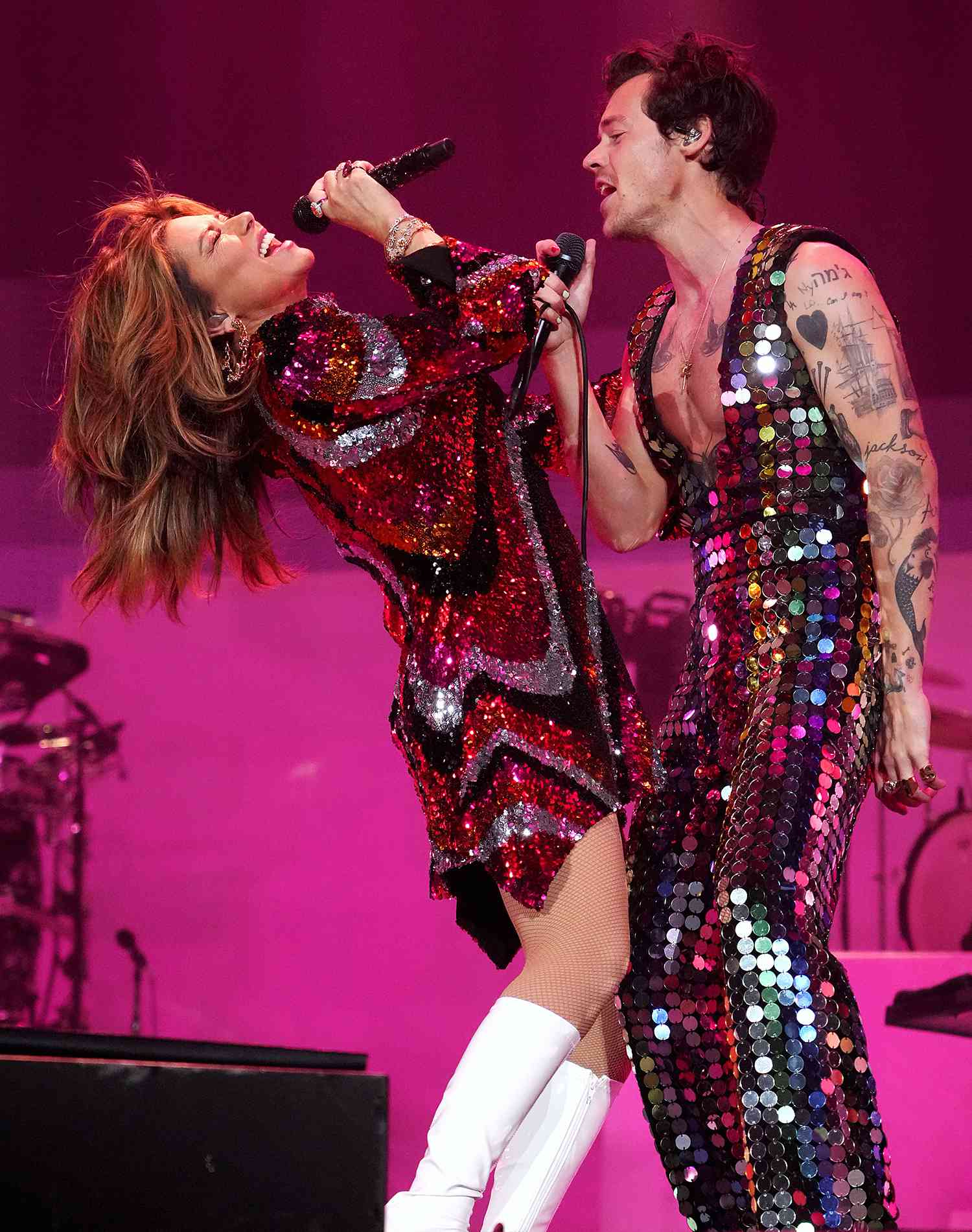 Shania Twain and Harry Styles perform onstage at the Coachella Stage during the 2022 Coachella Valley Music And Arts Festival