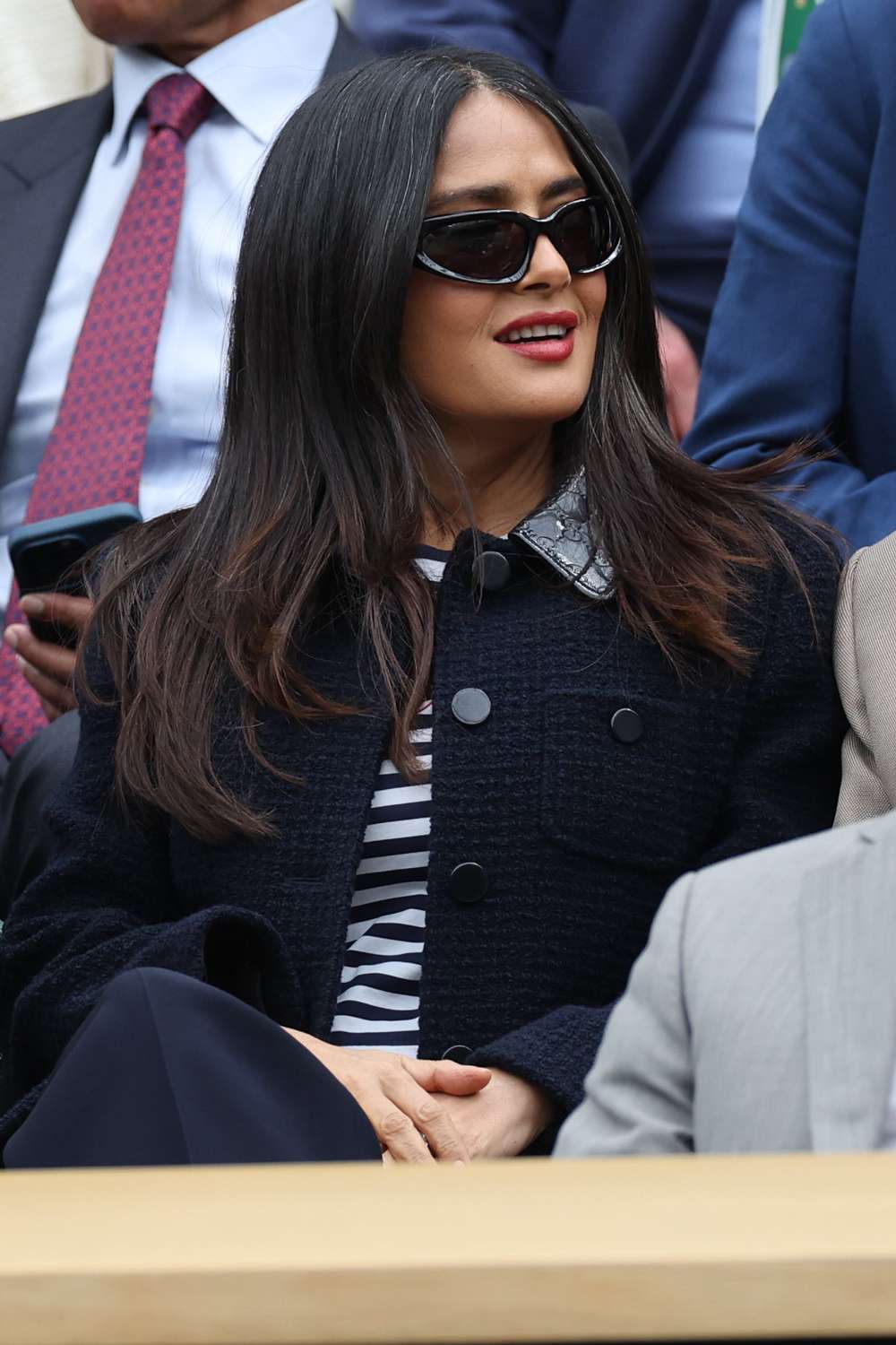 Salma Hayek in the Royal Box on day seven of the Wimbledon Tennis Championships in London. 