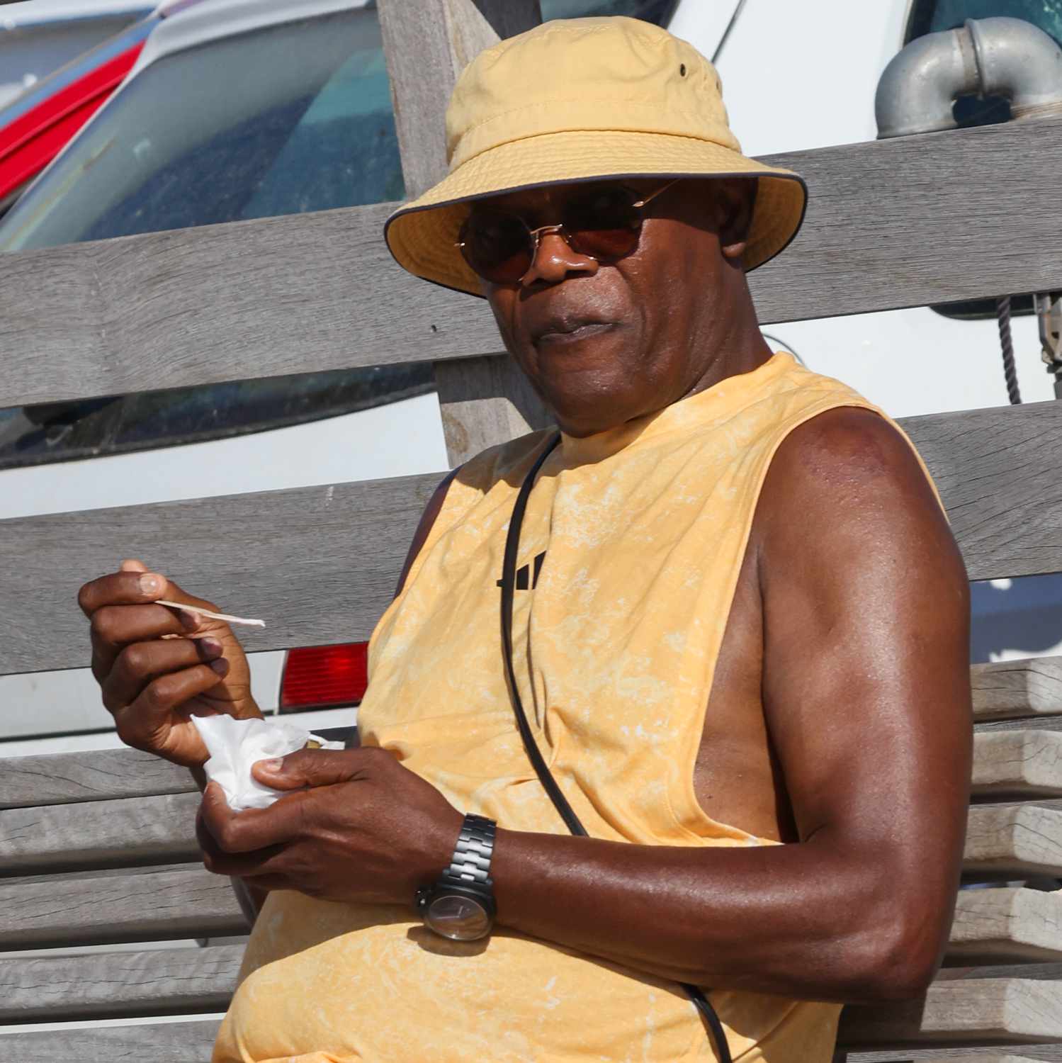 Samuel L. Jackson and Magic Johnson are seen in Saint-Tropez, France on July 7th, 2024.