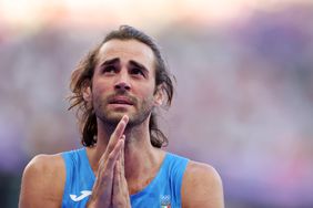 Gianmarco Tamberi of Team Italy shows his dejection after competing in the Men's High Jump Final on day fifteen of the Olympic Games Paris 2024 at Stade de France on August 10, 2024 in Paris, France.