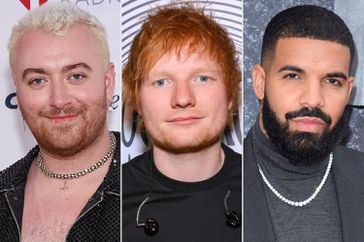 WASHINGTON, DC - DECEMBER 13: Sam Smith walks the red carpet at Hot 99.5's iHeartRadio Jingle Ball 2022 at Capital One Arena on December 13, 2022 in Washington, DC. (Photo by Paul Morigi/Getty Images);LOS ANGELES, CALIFORNIA - NOVEMBER 04: Ed Sheeran attends the GBK Brand Bar Back Stage during Rock & Roll Hall of Fame on November 04, 2022 in Los Angeles, California. (Photo by Tiffany Rose/Getty Images for GBK Brand Bar); LONDON, ENGLAND - SEPTEMBER 04: Drake attends the "Top Boy" UK Premiere at Hackney Picturehouse on September 04, 2019 in London, England. (Photo by Karwai Tang/WireImage)