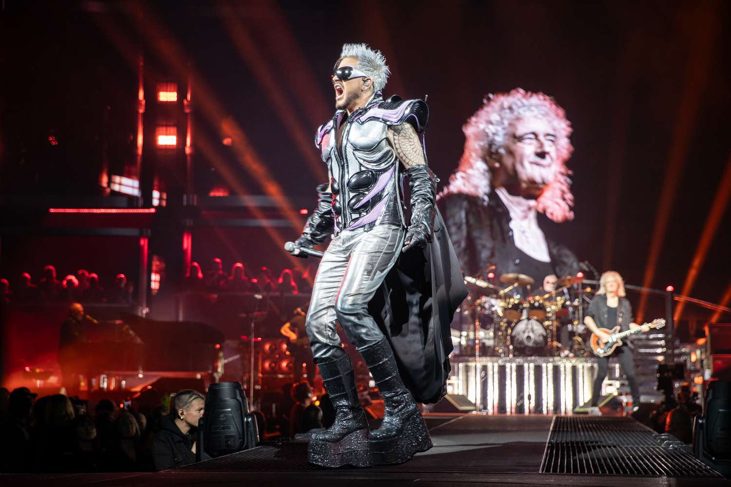 Adam Lambert performs with Brian May and Roger Taylor of Queen at Chase Center on November 08, 2023 in San Francisco, California.