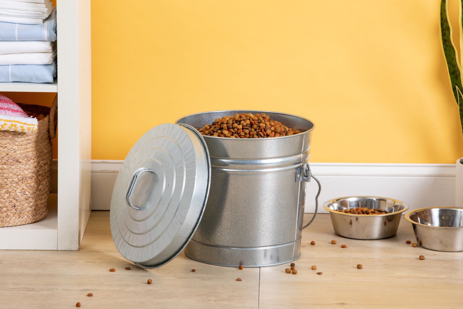 Behrens Galvanized Steel Dry Food Storage Can open and filled with dog food