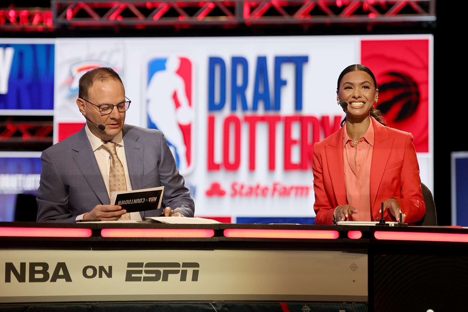  Adrian Wojnarowski and Malika Andrews present the 2023 NBA Draft Lottery at McCormick Place on May 16, 2023