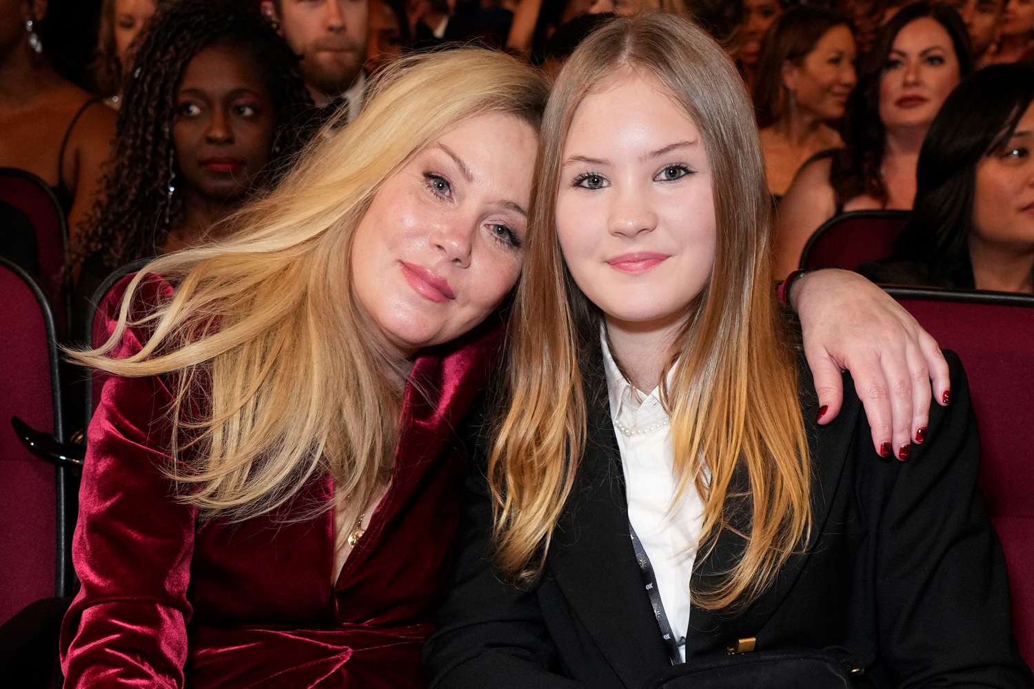 Christina Applegate, left, and Sadie Grace LeNoble at the 75th Emmy Awards on Monday, Jan. 15, 2024 at the Peacock Theater in Los Angeles. 