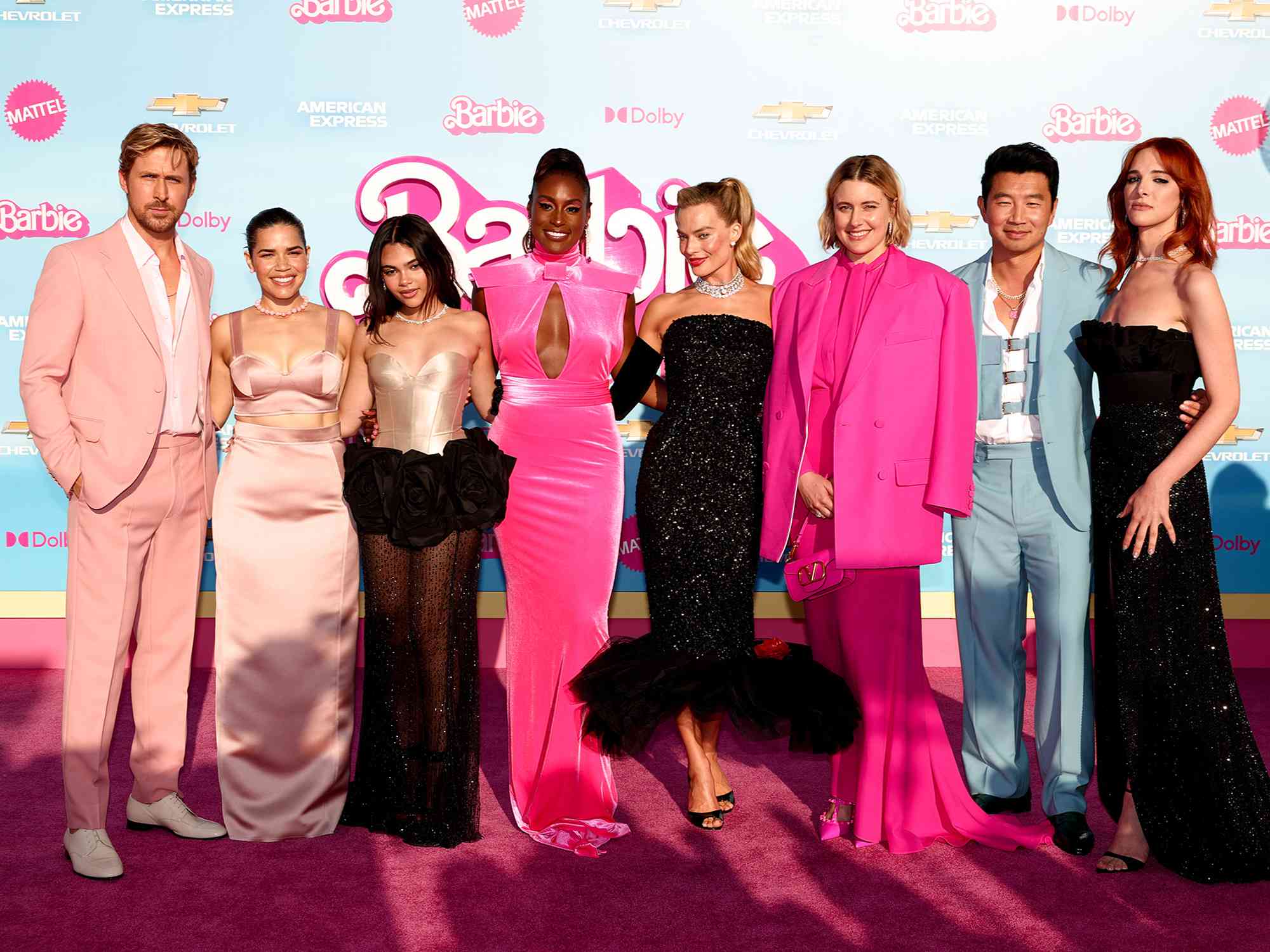 Ryan Gosling, America Ferrera, Ariana Greenblatt, Issa Rae, Margot Robbie, Greta Gerwig, Simu Liu and Hari Nef at the premiere of "Barbie" held at Shrine Auditorium and Expo Hall on July 9, 2023