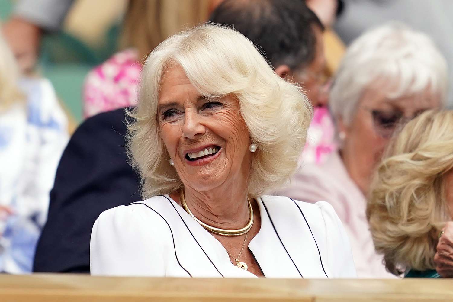 Queen Camilla in the royal box on day ten of the 2023 Wimbledon Championships at the All England Lawn Tennis and Croquet Club in Wimbledon