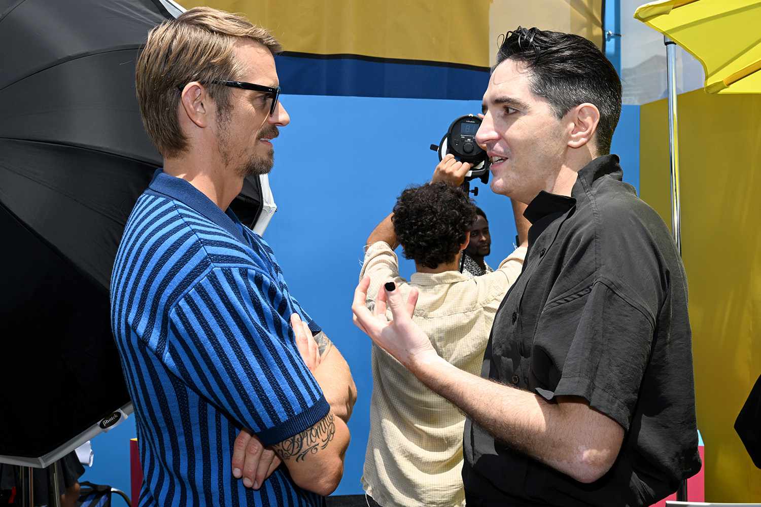 SAN DIEGO, CALIFORNIA - JULY 22: (L-R) Joel Kinnaman and David Dastmalchian visit the #IMDboat At San Diego Comic-Con 2022: Day Two on The IMDb Yacht on July 22, 2022 in San Diego, California. (Photo by Michael Kovac/Getty Images for IMDb)