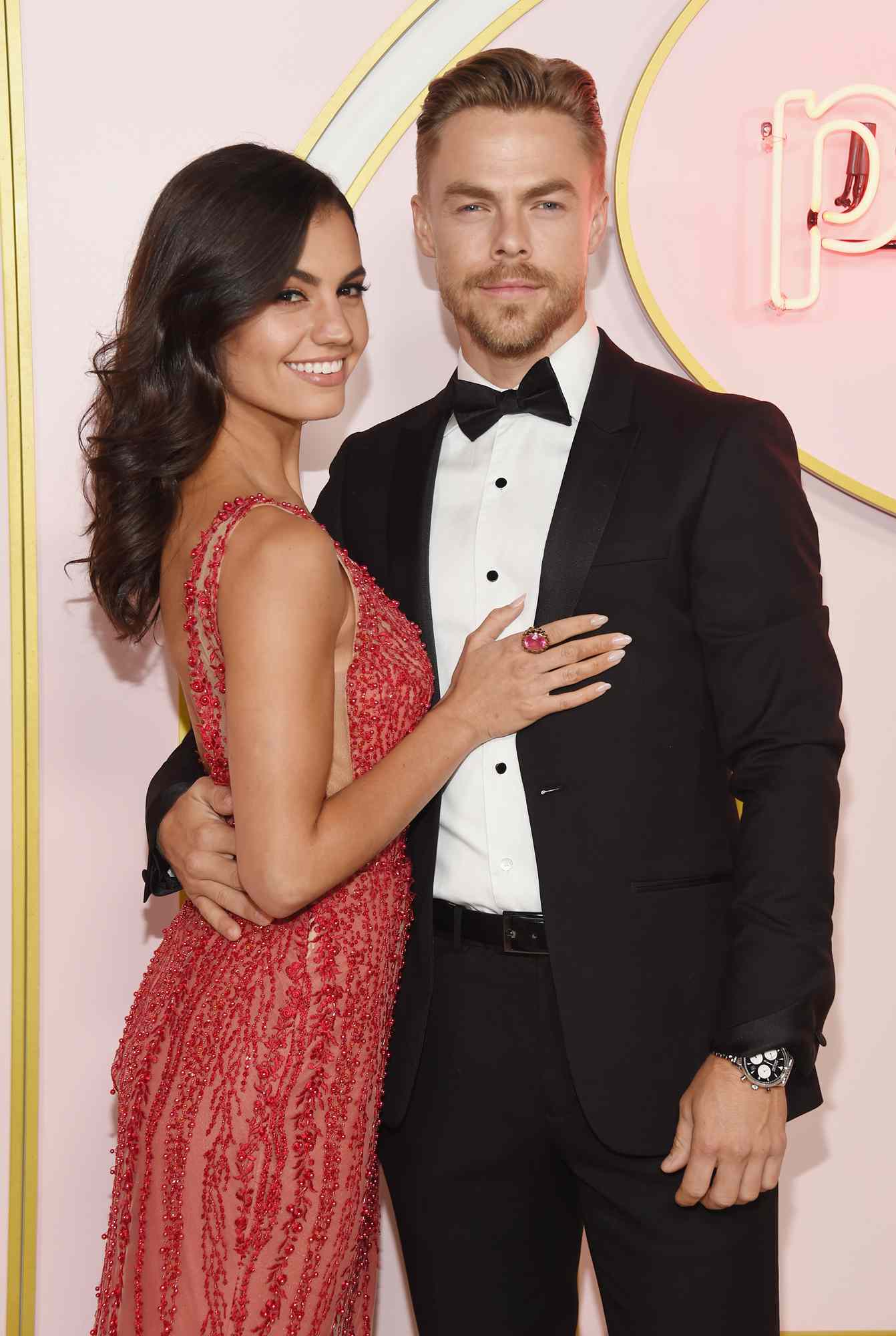 Derek Hough (R) and Hayley Erbert arrive at the Amazon Prime Video Post Emmy Awards Party 2018 at Cecconi's on September 17, 2018 in West Hollywood, California