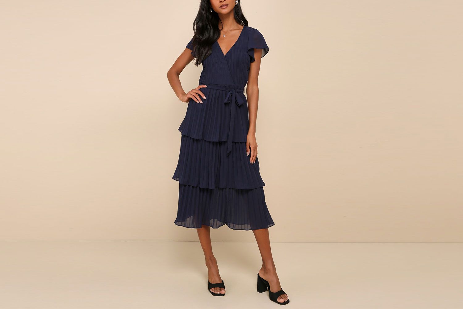 Lulus Passionate Dedication Navy Blue Pleated Tiered Midi Dress