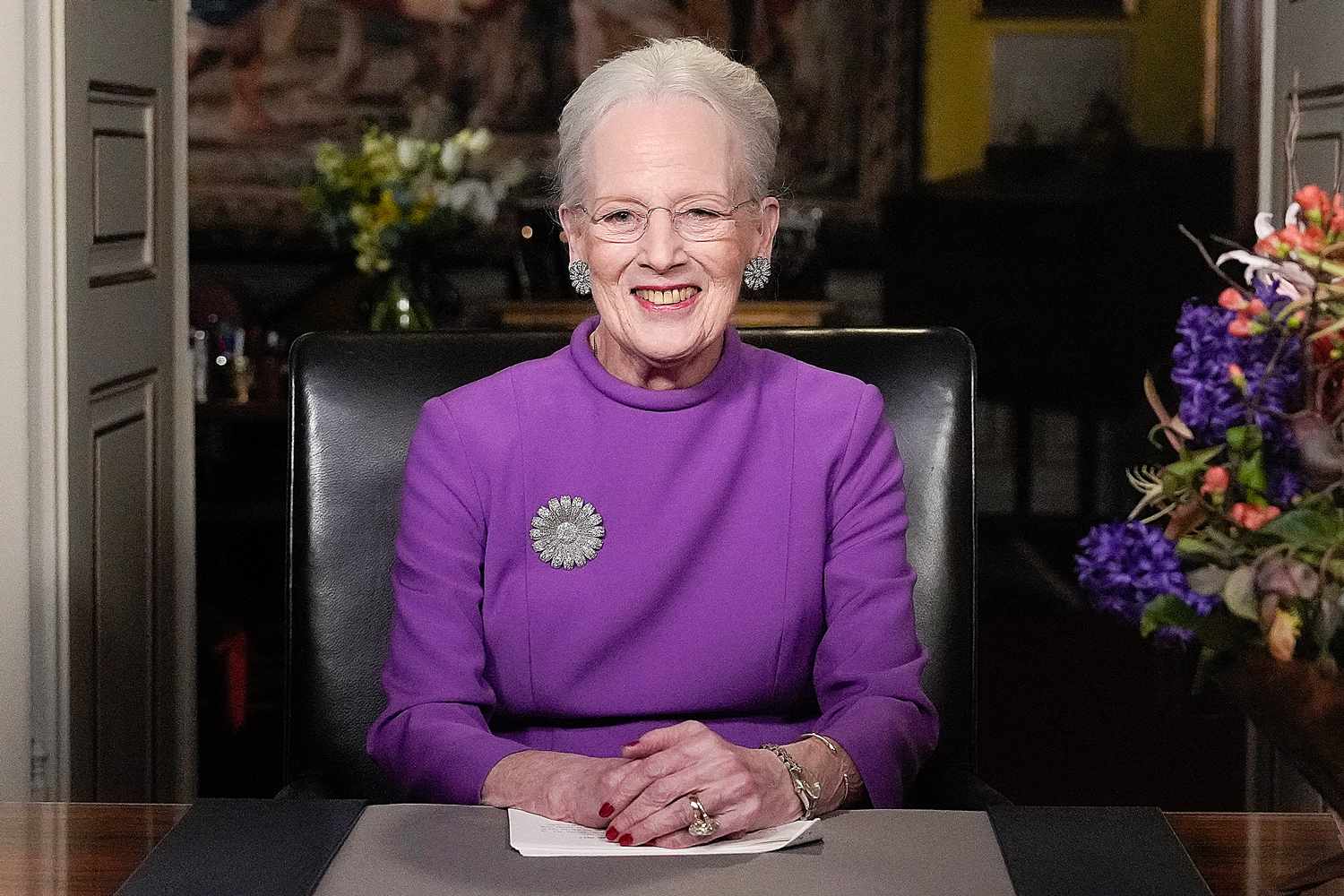 Queen Margrethe II of Denmark gives a New Year's speech from Christian IX's Palace, Amalienborg Castle, in Copenhagen, Denmark, on December 31, 2023