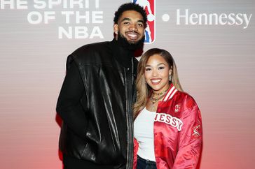 Karl-Anthony Towns and Jordyn Woods attend Hennessy Arena NBA All-Star Weekend At Hilbert Circle Theatre on February 17, 2024 in Indianapolis, Indiana.