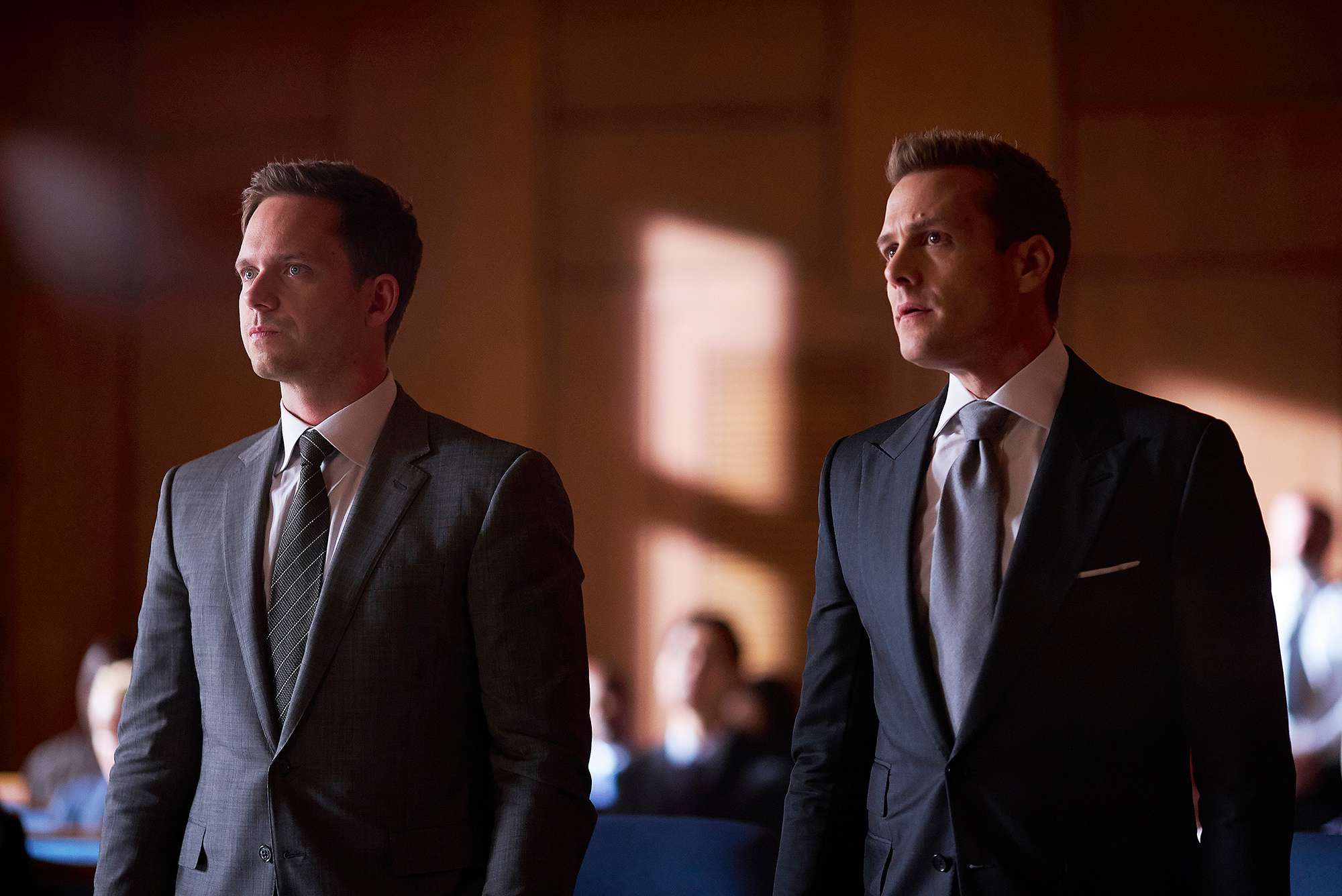 Patrick J. Adams as Michael Ross and Gabriel Macht as Harvey Specter on 'Suits'. 