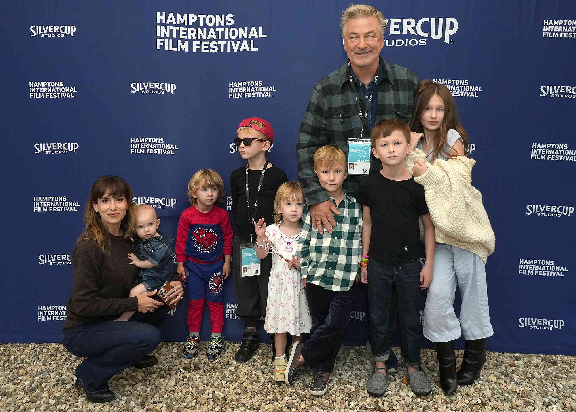 EAST HAMPTON, NEW YORK - OCTOBER 7: Actor Alec Baldwin and his wife Hilaria Baldwin and their children (L-R) Ilaria Baldwin, Eduardo Baldwin, Leonardo Baldwin, Maria Lucia Baldwin, Romeo Baldwin, Rafael Baldwin and Carmen Baldwin attend the Chairman's Reception at the 2023 Hamptons International Film Festival on October 07, 2023 in East Hampton, New York