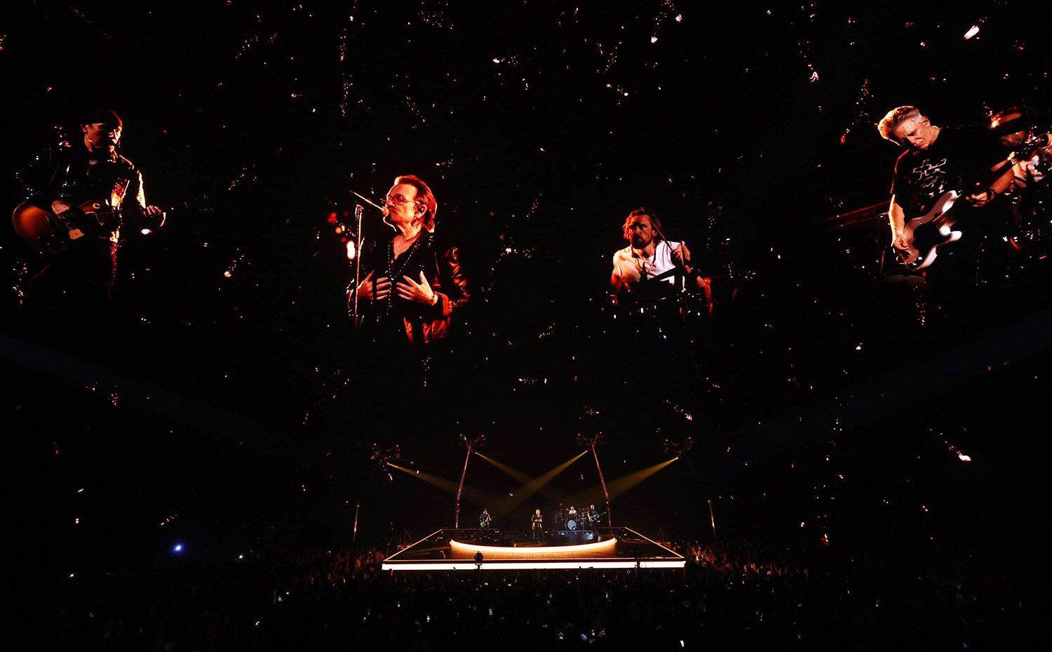 Bono, The Edge, Adam Clayton and Bram van den Berg of U2 perform during opening night of U2:UV Achtung Baby Live at Sphere on September 29, 2023 in Las Vegas, Nevada