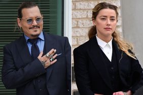 FAIRFAX, VIRGINIA - MAY 27: Actor Johnny Depp takes a break during his trial at a Fairfax County Courthouse on May 27, 2022 in Fairfax, Virginia. Closing arguments in the Depp v. Heard defamation trial, brought by Johnny Depp against his ex-wife Amber Heard, begins today. (Photo by Kevin Dietsch/Getty Images); FAIRFAX, VA - APRIL 21:(NY & NJ NEWSPAPERS OUT) Amber Heard departs following the recess for the day outside court during the Johnny Depp and Amber Heard civil trial at Fairfax County Circuit Court on April 21, 2022 in Fairfax, Virginia. Depp is seeking $50 million in alleged damages to his career over an op-ed Heard wrote in the Washington Post in 2018.(Photo by Ron Sachs/Consolidated News Pictures/Getty Images)