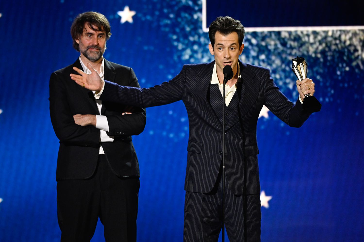 Andrew Wyatt and Mark Ronson accept the award for Best Original Song for "I'm Just Ken" from the Barbie movie, at The 29th Critics' Choice Awards held at The Barker Hangar on January 14, 2024 in Santa Monica, California