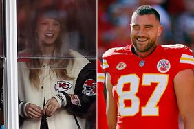 Taylor Swift watches the game between the Cincinnati Bengals and the Kansas City Chiefs; Travis Kelce #87 and Patrick Mahomes #15 of the Kansas City Chiefs talk before the game against the Los Angeles Chargers 