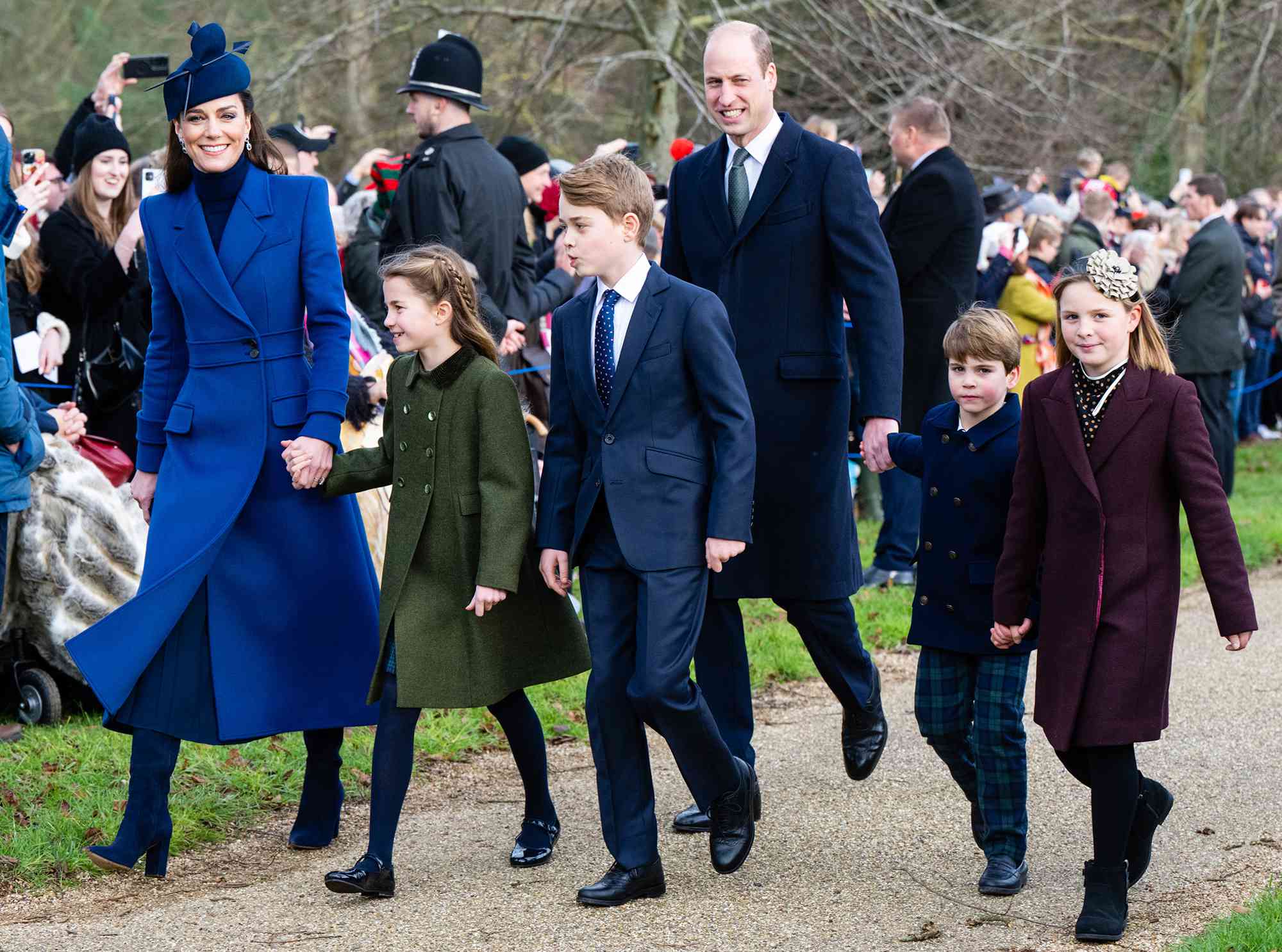 Catherine, Princess of Wales, Princess Charlotte of Wales, Prince George of Wales, Prince William, Prince of Wales, Prince Louis of Wales and Mia Tindall attend the Christmas Morning Service at Sandringham Church 