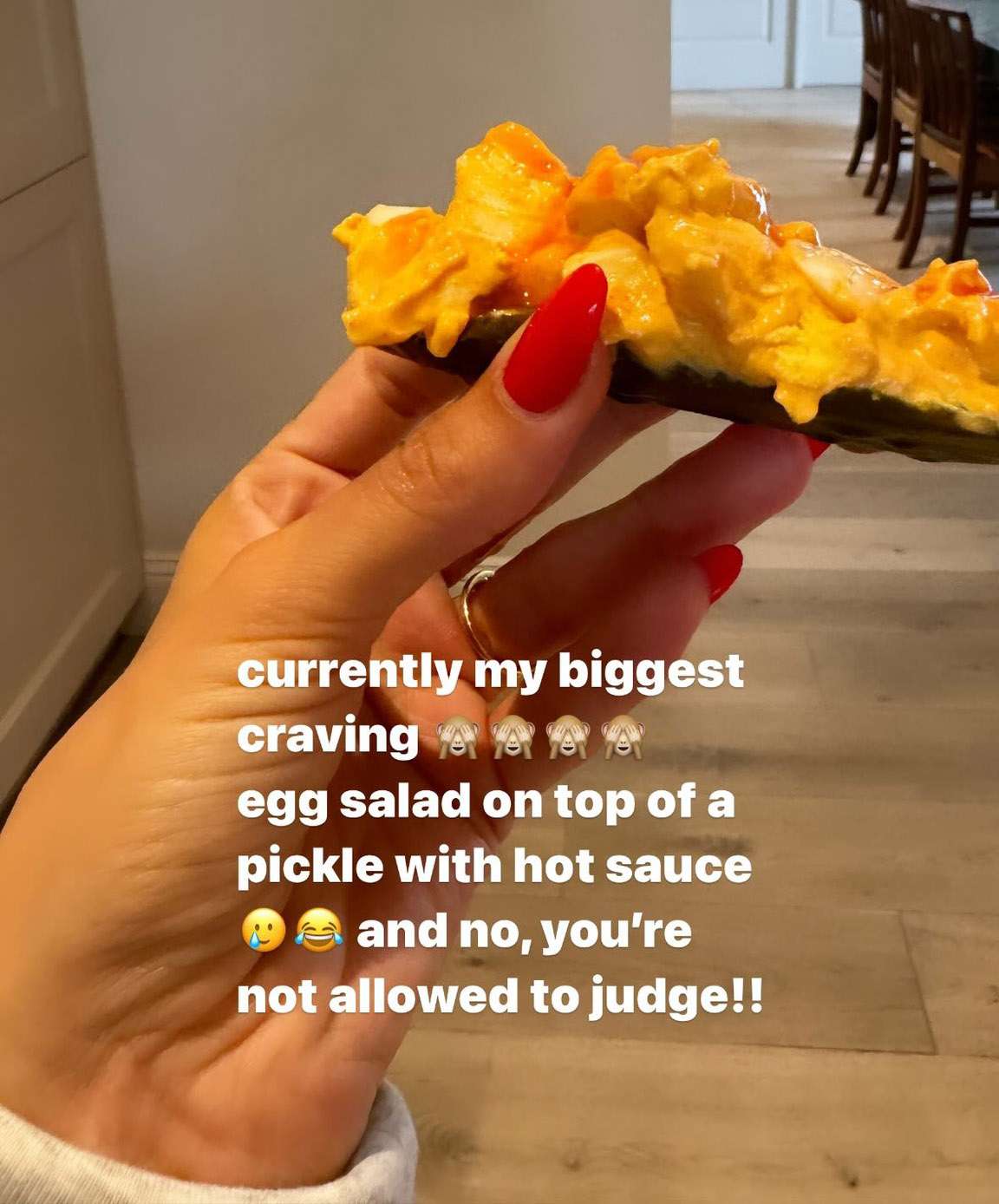 hailey bieber pregnancy cravings egg salad pickle hot sauce instagram 05 15 24