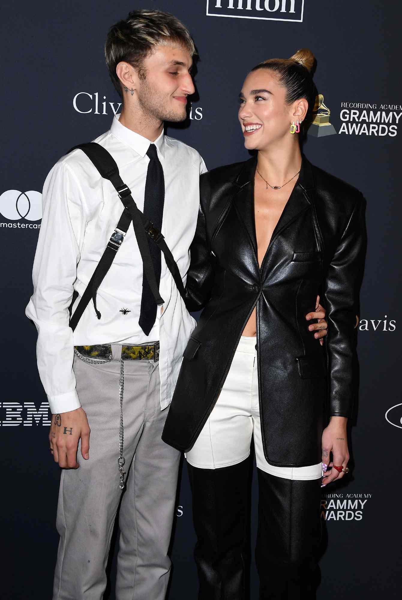 Anwar Hadid and Dua Lipa arrives at the Pre-GRAMMY Gala and GRAMMY Salute to Industry Icons Honoring Sean "Diddy" Combs at The Beverly Hilton Hotel on January 25, 2020 in Beverly Hills, California