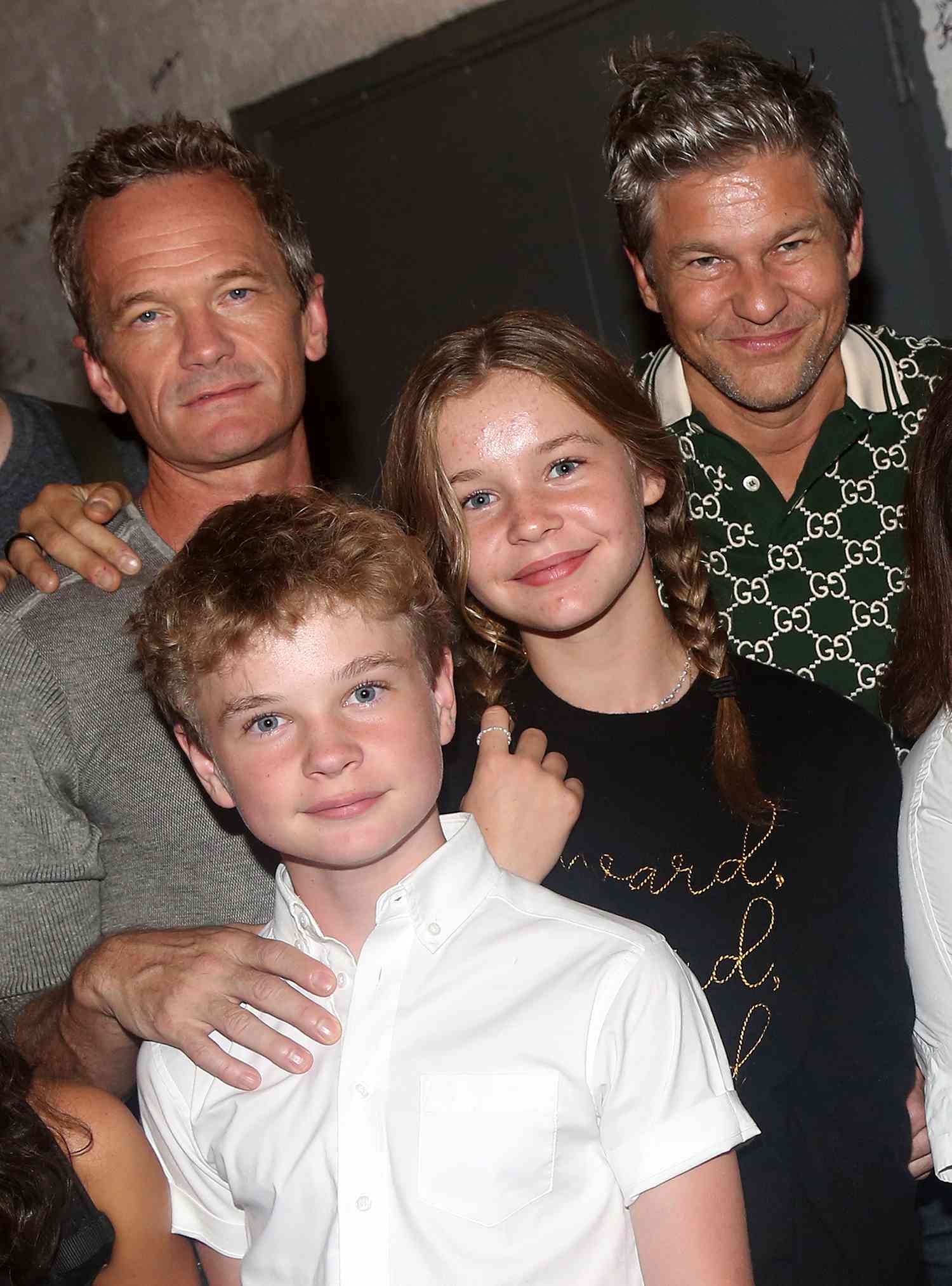 Neil Patrick Harris, Gideon Burtka-Harris, Harper Grace Burtka-Harris and David Burtka pose backstage at the hit musical "Shucked" on Broadway