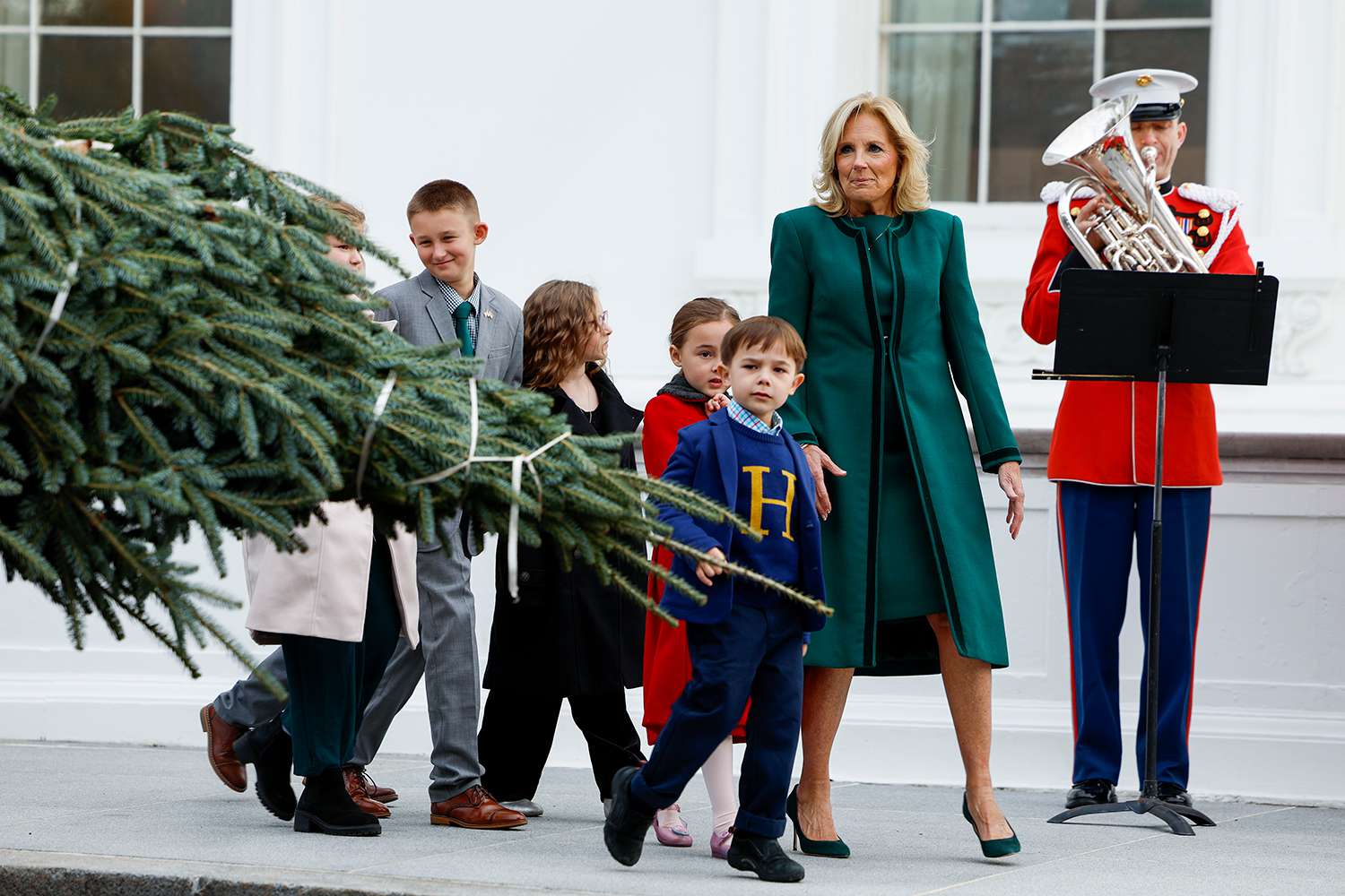 First lady Jill Biden arrives to welcome the official 2023 White House Christmas Tree at the White House on November 20, 2023 in Washington, DC.