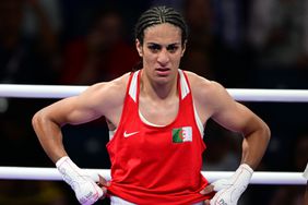  Imane Khelif (red) of Team Algeria competes against Anna Luca Hamori (blue) of Team Hungary in the women's 66kg quarter-final boxing match during the Paris 2024 Olympic Games at the North Paris Arena, in Villepinte, France on August 3, 2024