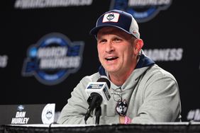 Dan Hurley of the Connecticut Huskies answers questions during a press conference ahead of the NCAA Men's Basketball Tournament Sweet 16 