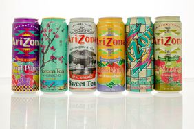 Six cans of Arizona drinks in assorted flavors on an isolated backgound