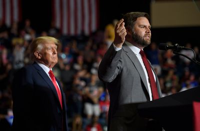 Republican Senate candidate JD Vance and former President Donald Trump speak at a Save America Rally to support Republican candidates running for state and federal offices in the state at the Covelli Centre during on September 17, 2022