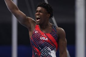 Fred Richard celebrates after competing on the pommel horse on Day Three of the 2024