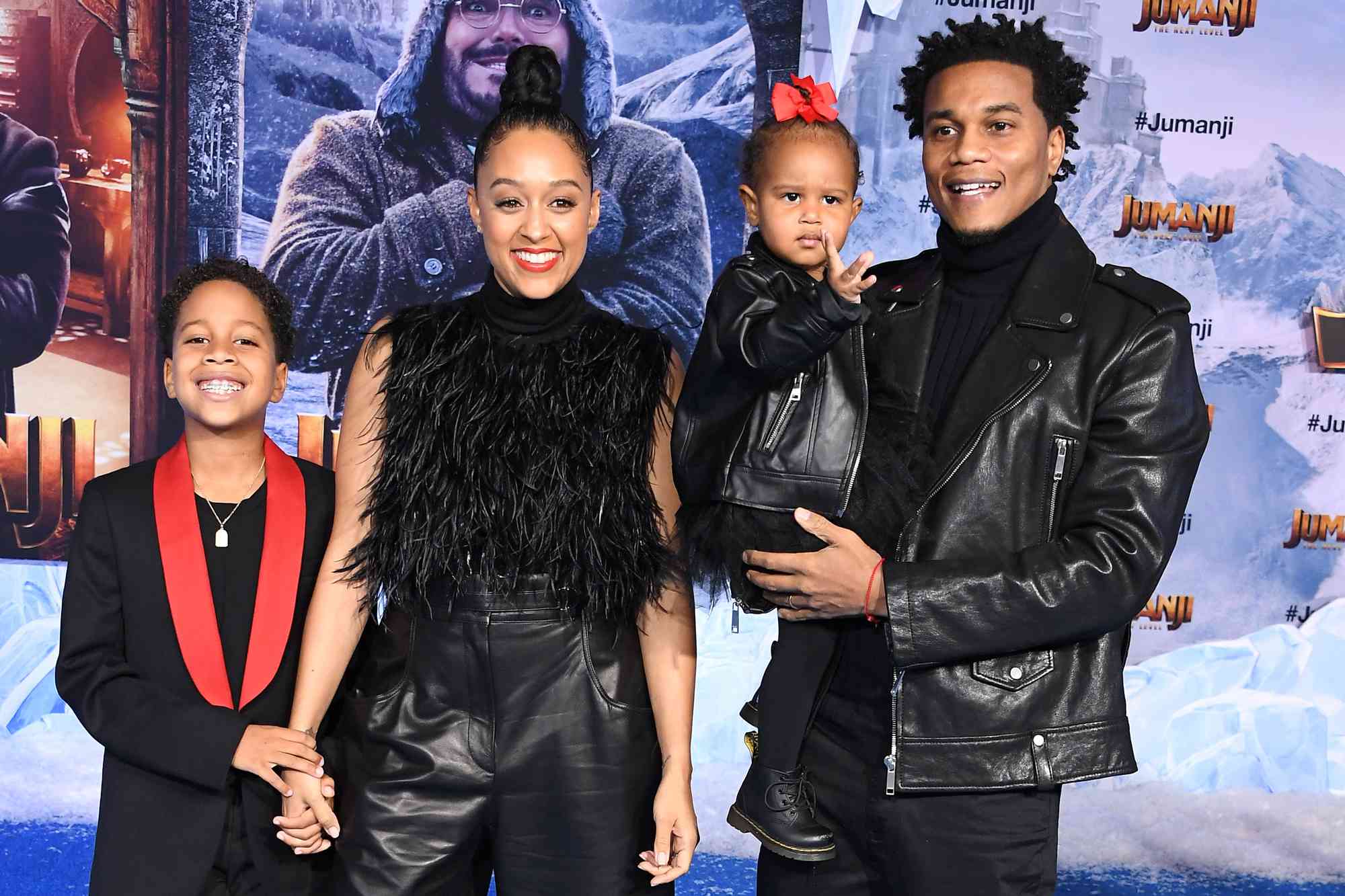 Cree Hardrict, Tia Mowry-Hardrict, Cory Hardrict and Cairo Tiahna Hardrict arrives at the Premiere Of Sony Pictures' "Jumanji: The Next Level" on December 09, 2019 in Hollywood, California.