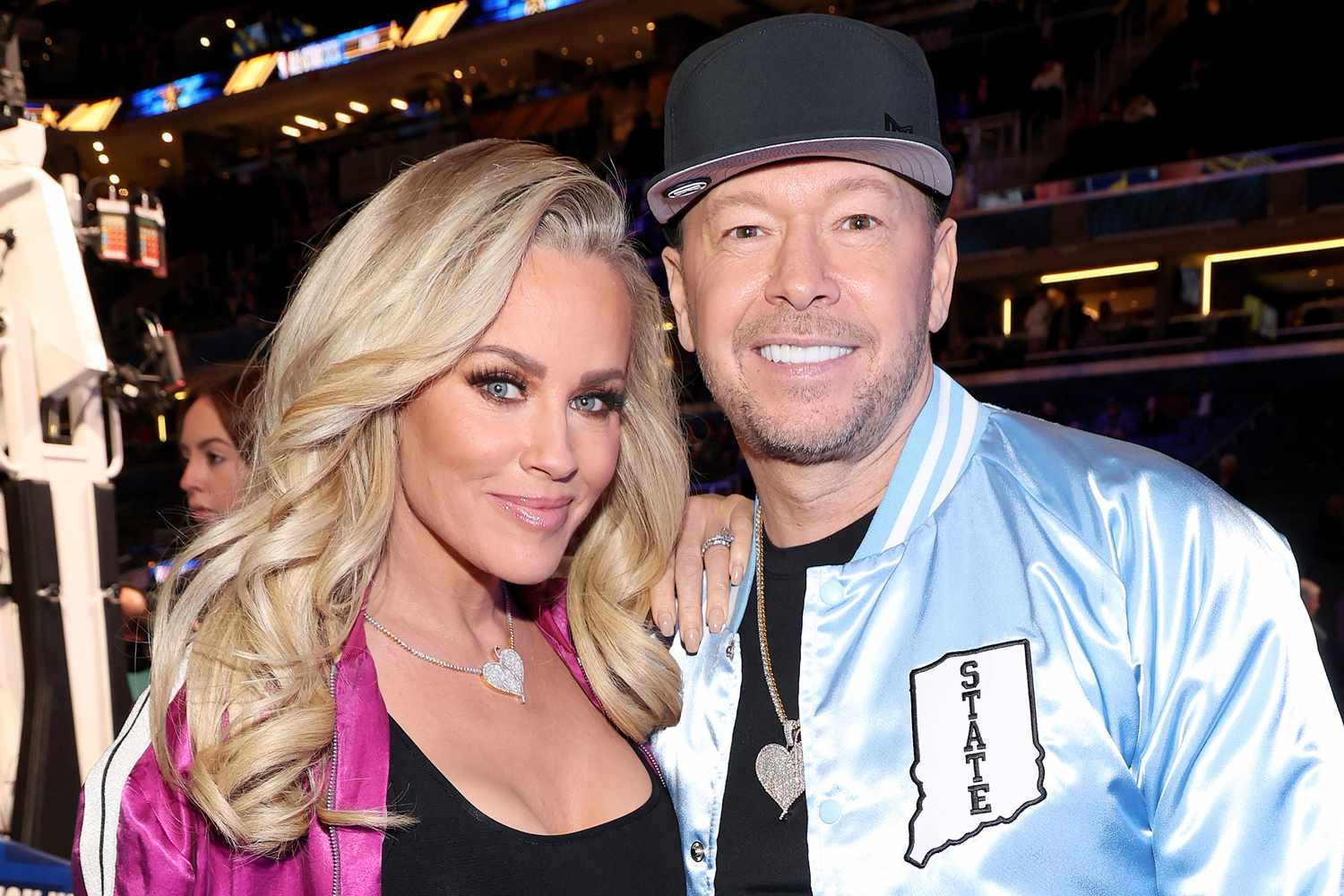 Jenny McCarthy and Donnie Wahlberg attend the 73rd NBA All-Star Game at Gainbridge Fieldhouse on February 18, 2024 in Indianapolis, Indiana.