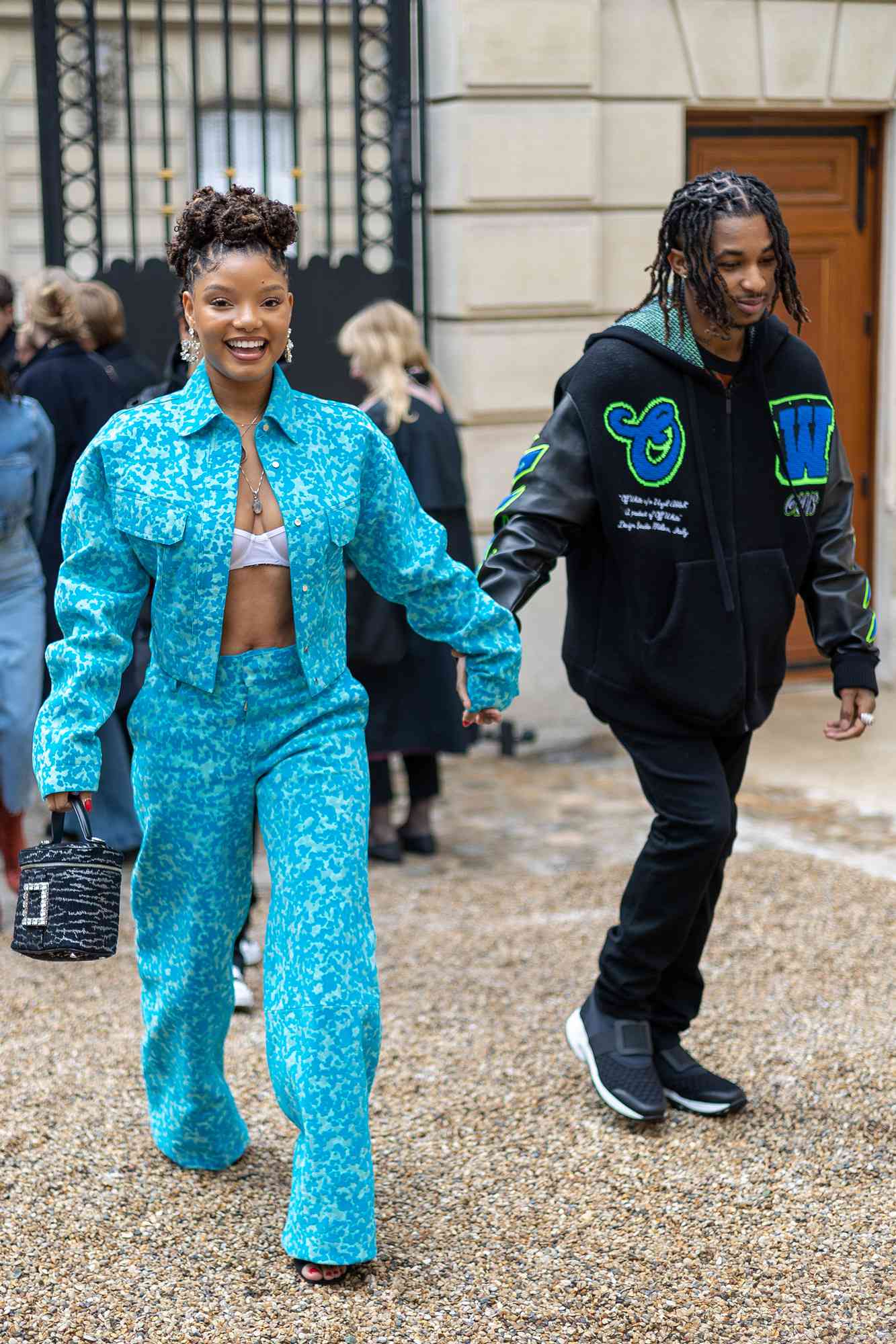 Actress/singer Halle Bailey and DDG arrive to attend the Roger Vivier Press day at Fondation Cino et Simone del Duca on September 29, 2022 in Paris, France.