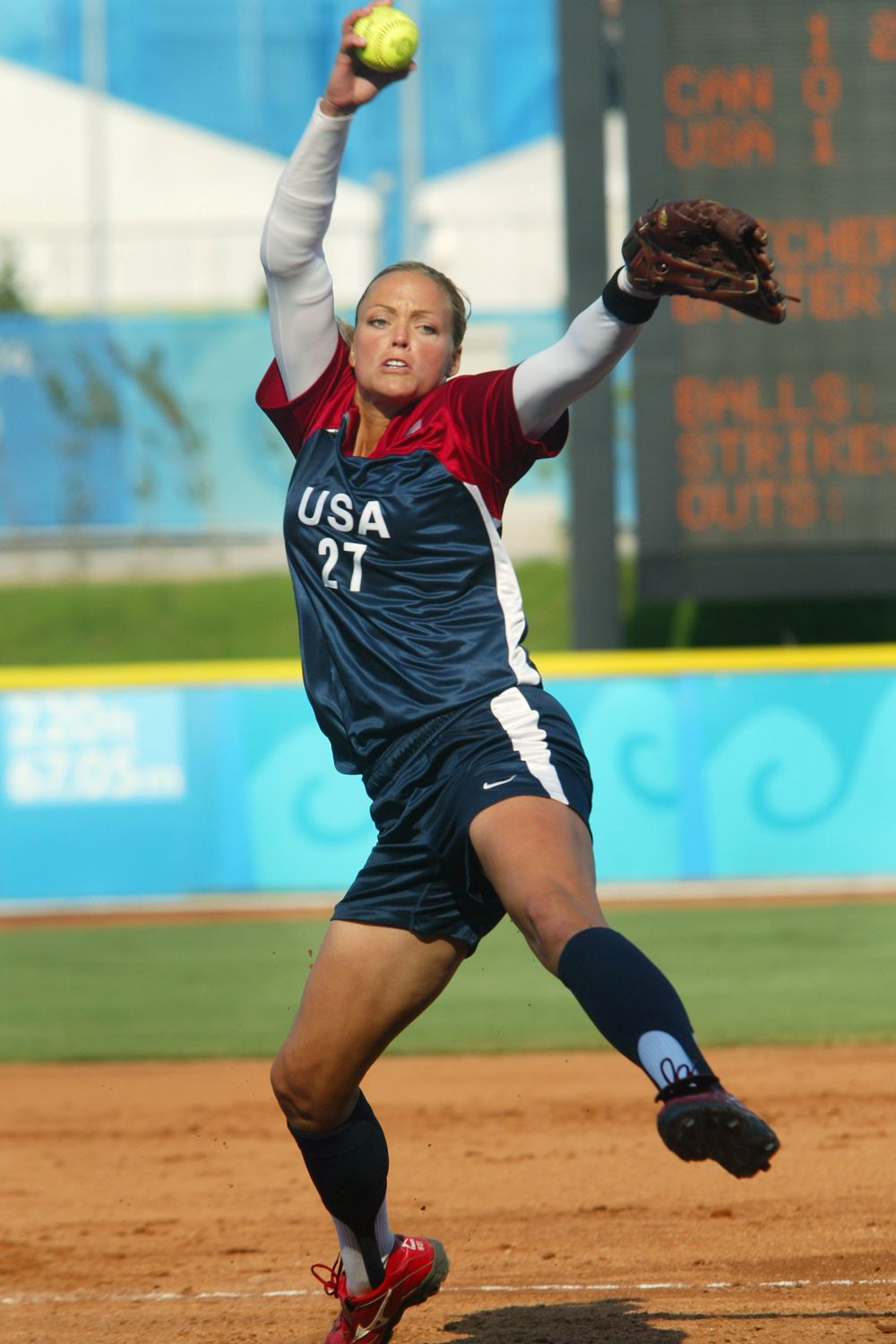 Jennie Finch winds up during women's softball action against Canada at the Summer Olympics in Athens Wednesday, August 18, 2004