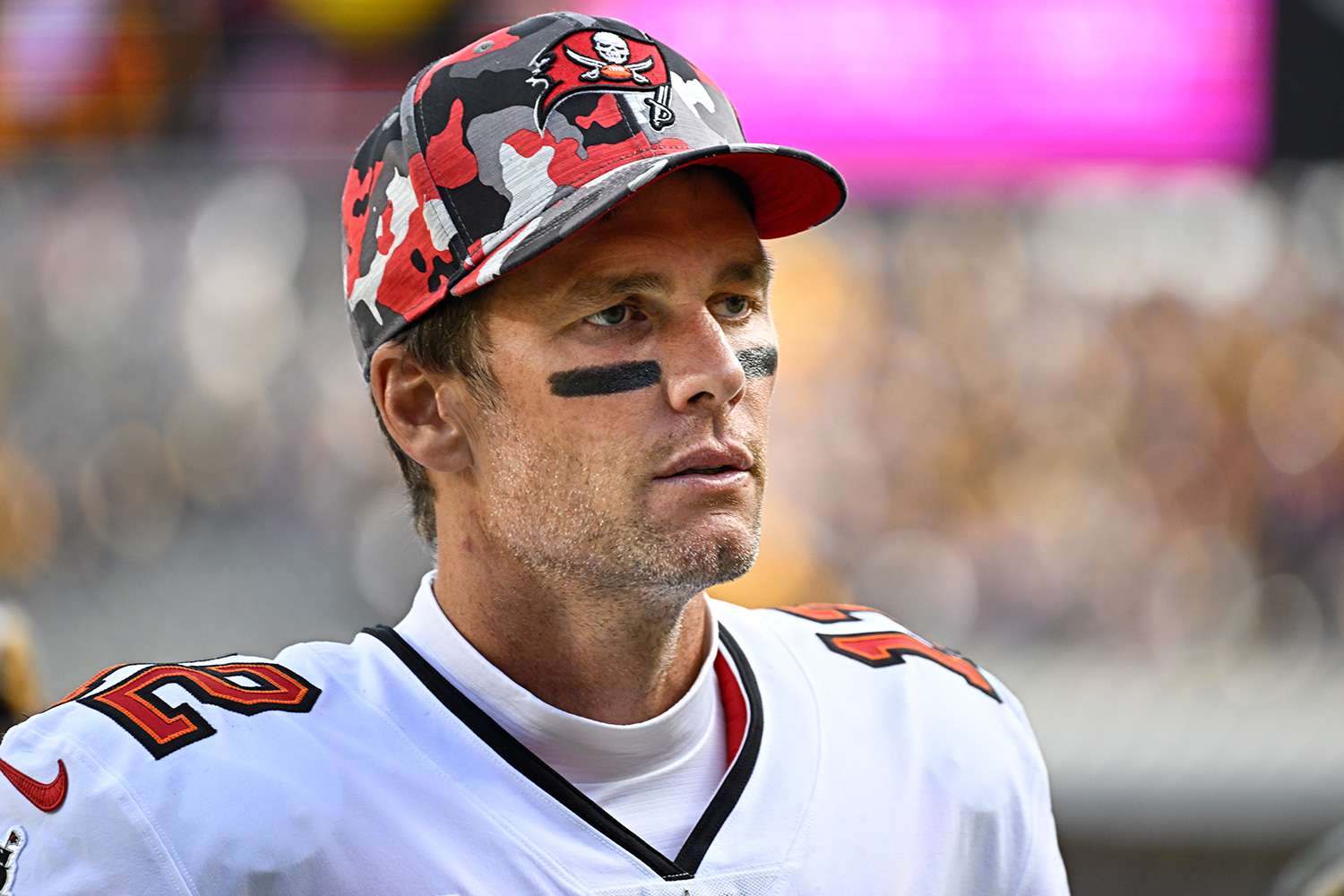 Tampa Bay Buccaneers quarterback Tom Brady (12) leaves the field looking disappointed after the game between the Tampa Bay Buccaneers and the Pittsburgh Steelers at Acrisure Stadium in Pittsburgh, PA on October 16, 2022.