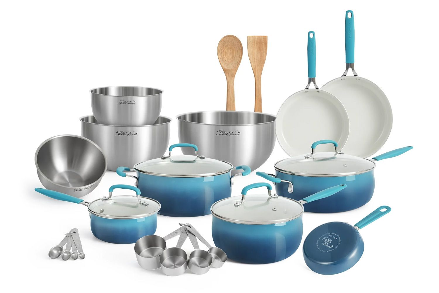 The Pioneer Woman 25-Piece Ceramic Nonstick Aluminum Cookware Set, Ombre Teal