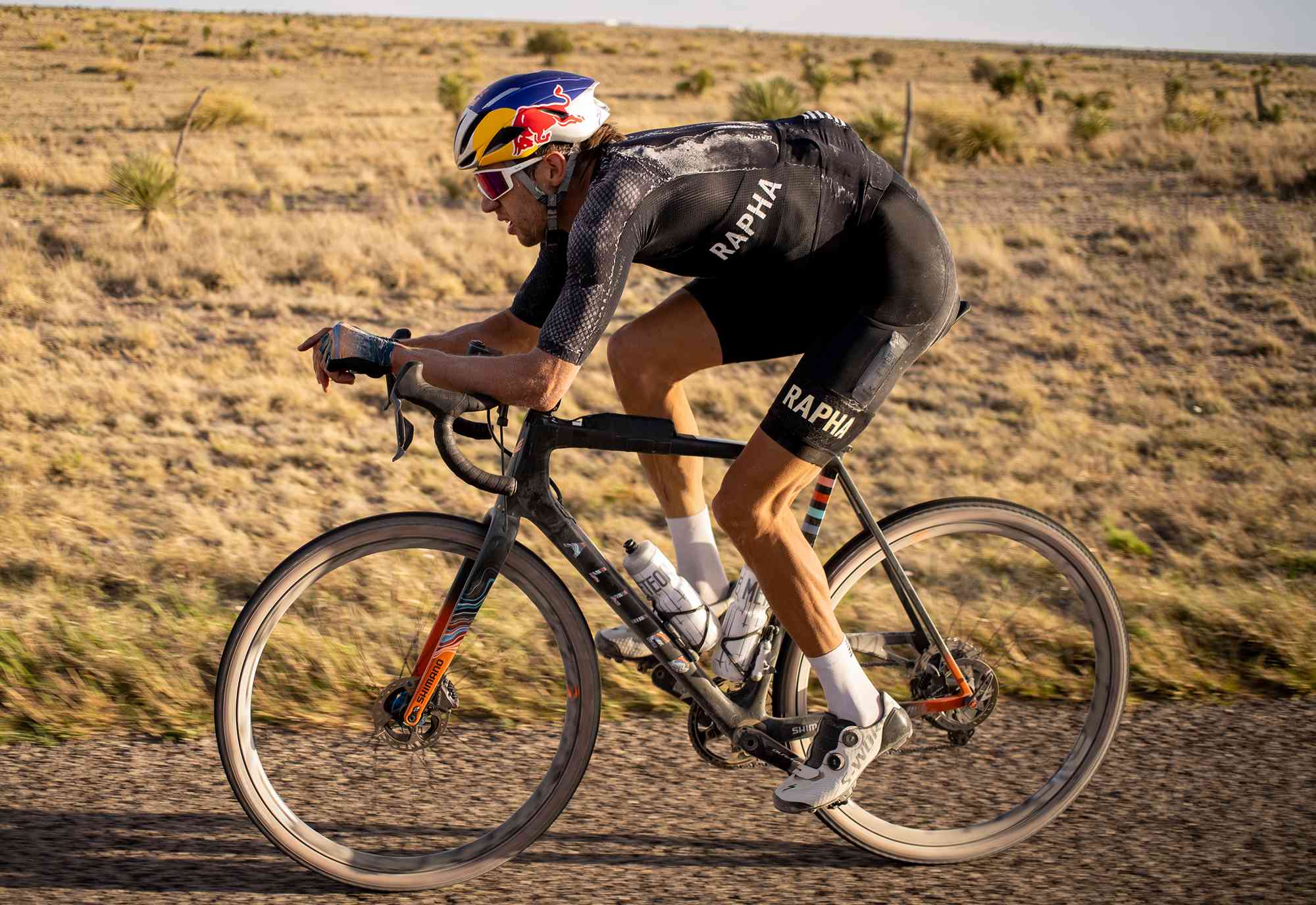 Colin Strickland rides his bike on the infamous "Road To Nowhere" in Pinto Canyon West Texas on April 6, 2021. 