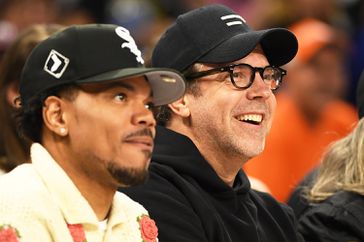 Jason Sudeikis and Chance the Rapper attend the game between the Indiana Fever and the Chicago Sky on June 23, 2024 at the Wintrust Arena in Chicago, IL.