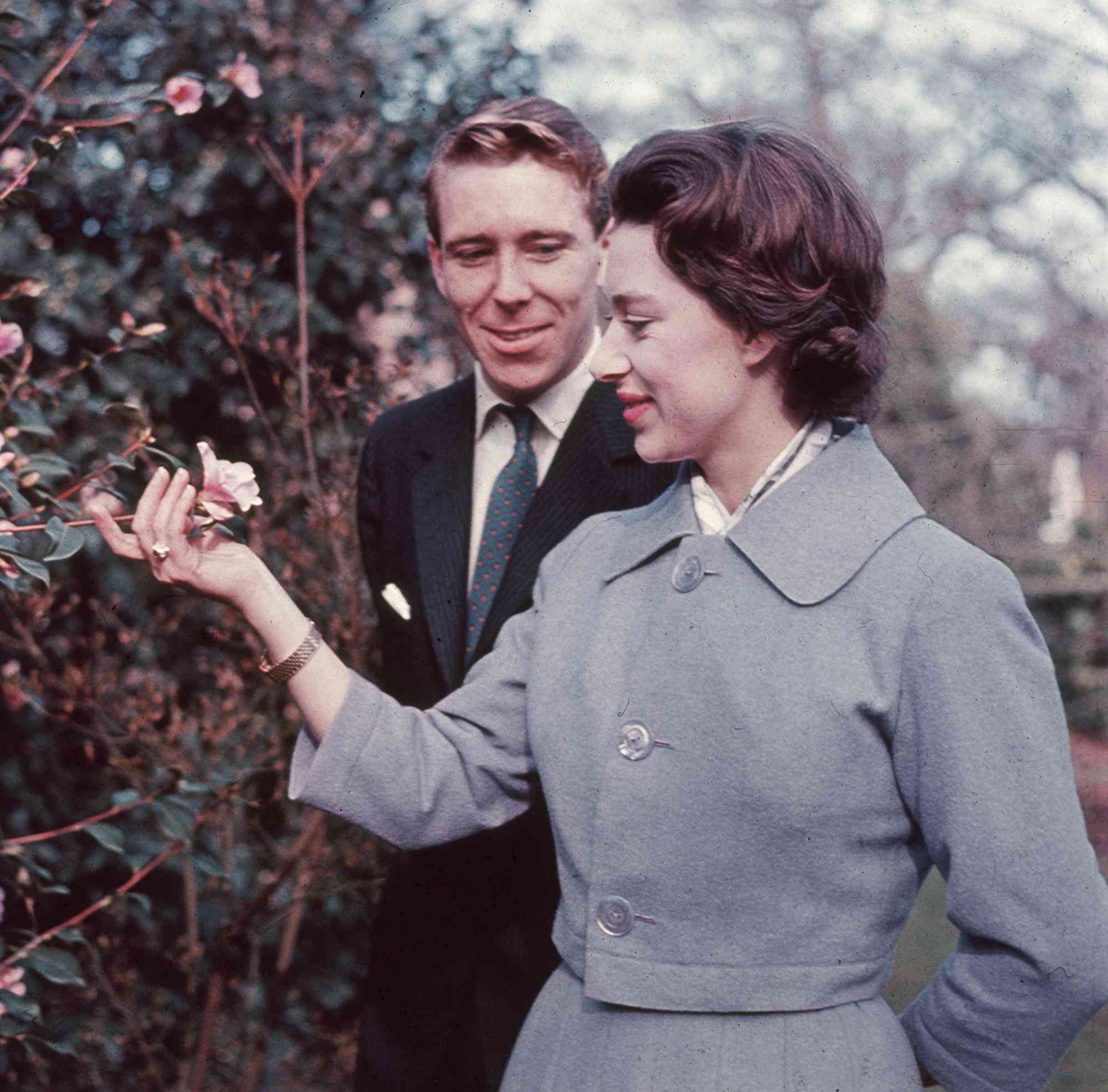 27th February 1960: Princess Margaret (1930 - 2002) and Antony Armstrong-Jones in the grounds of Royal Lodge on the day they announced their engagement